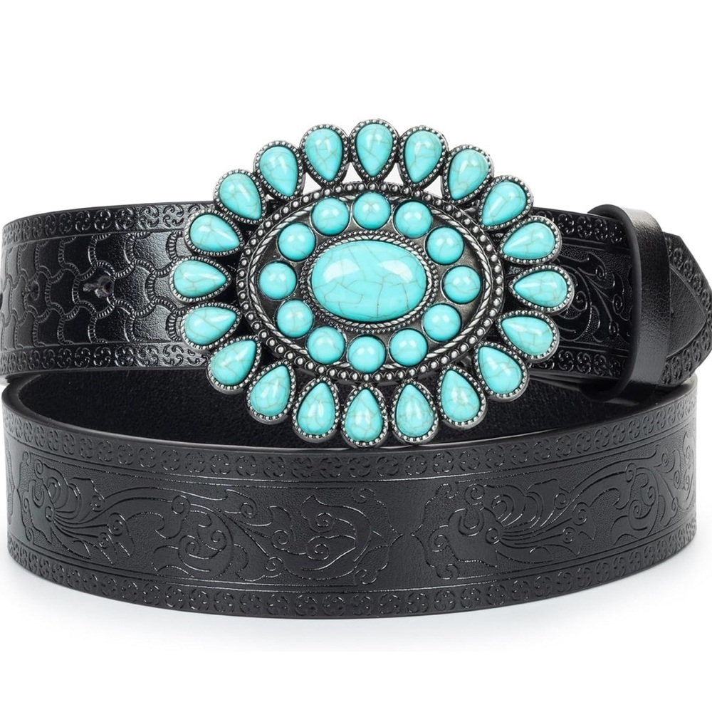 Black and Blue Belt with Turquoise Concho Buckle - Picture 3 of 6